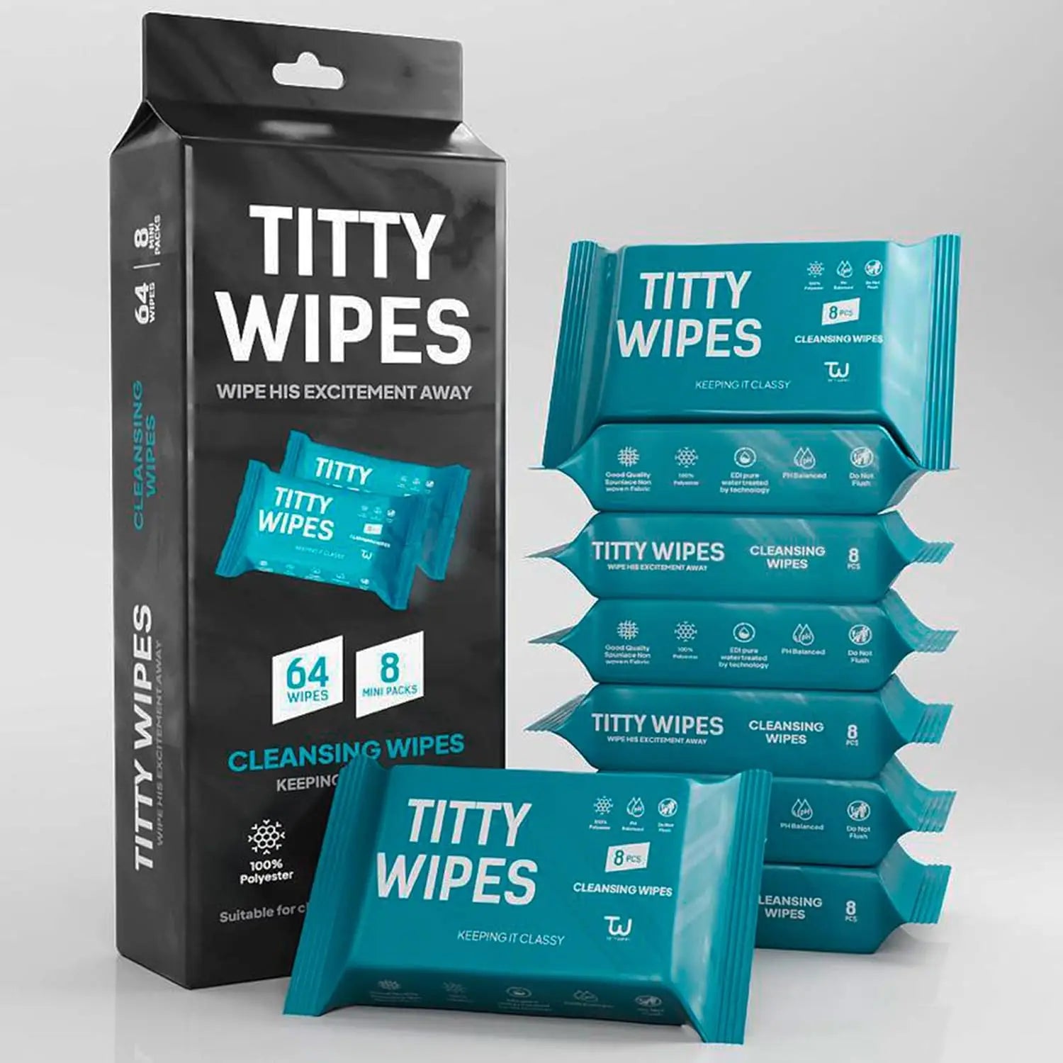 Titty Wipes packaging on a gray background 8 mini packs